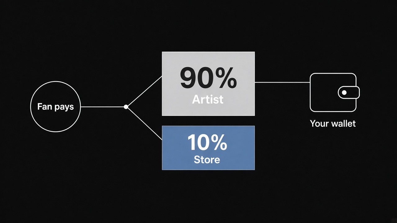 A fan pays, the sale splits, and the artist share reaches a wallet